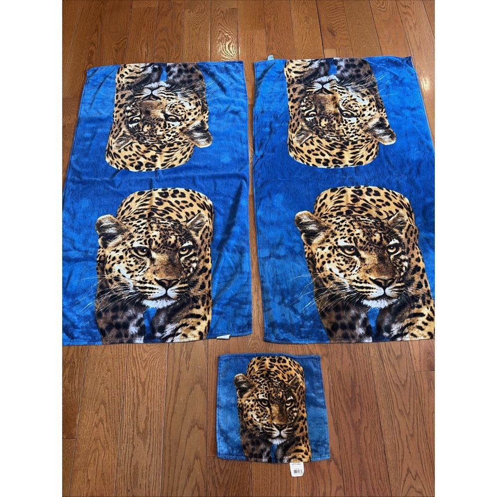 Vtg Hilasal Leopard Jaguar Towel Set Blue Cotton River Walk 28x48+Cloth